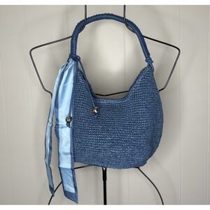 Madewell The Camren Blue Straw Bag Purse Leather Trim Distant Ocean Charm Scarf